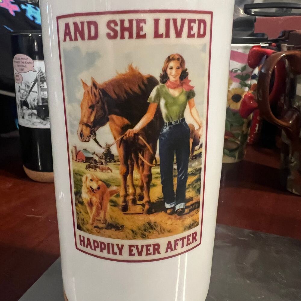 "AND SHE LIVED HAPPILY EVER AFTER" Travel Mug Coffee Cup Cowgirl Horse Dog 12oz